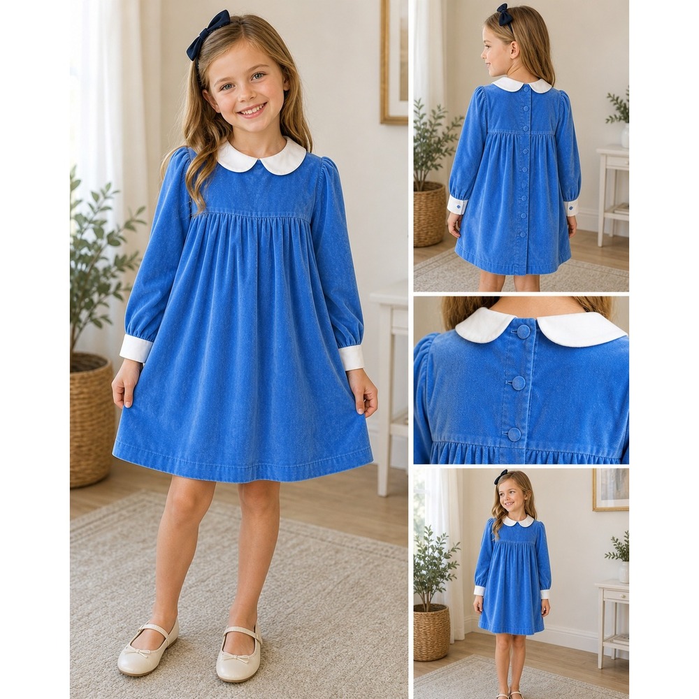 The Beaufort Bonnet Company Girls Blue Corduroy Peter Pan Collar Dress